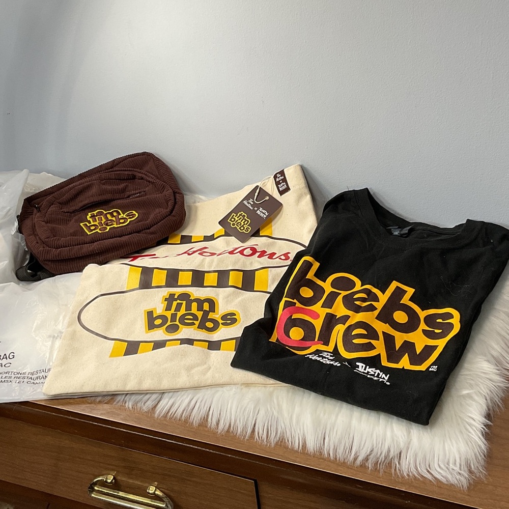 NWOT Justin Bieber x Tim Hortons Limited Edition Timbiebs Fanny Pack, Tote & Tee